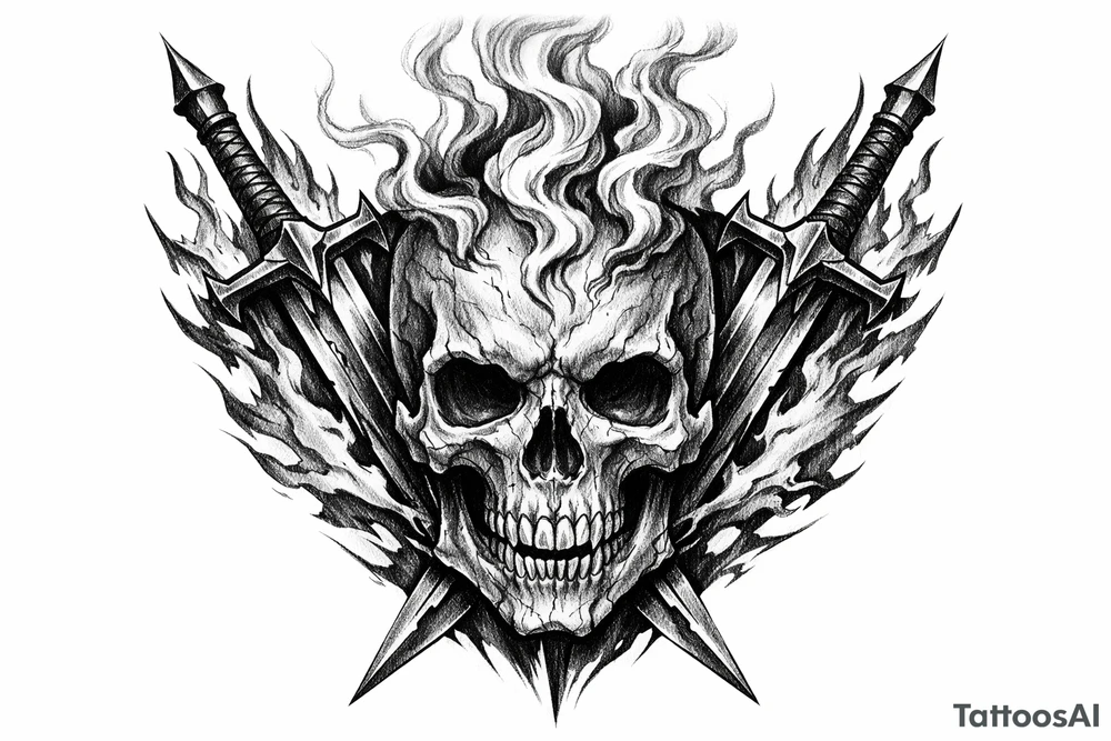 A stylized skull with smoke tendrils rising, framed by fiery sword blades. tattoo idea