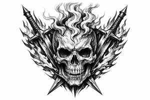 A stylized skull with smoke tendrils rising, framed by fiery sword blades. tattoo idea