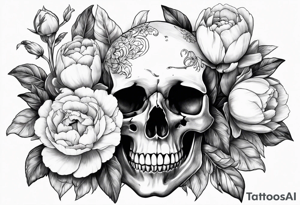 flower peonias, skull and bird tattoo idea