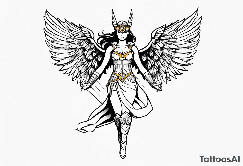 The full body of a Valkyrie with wings flying tattoo idea