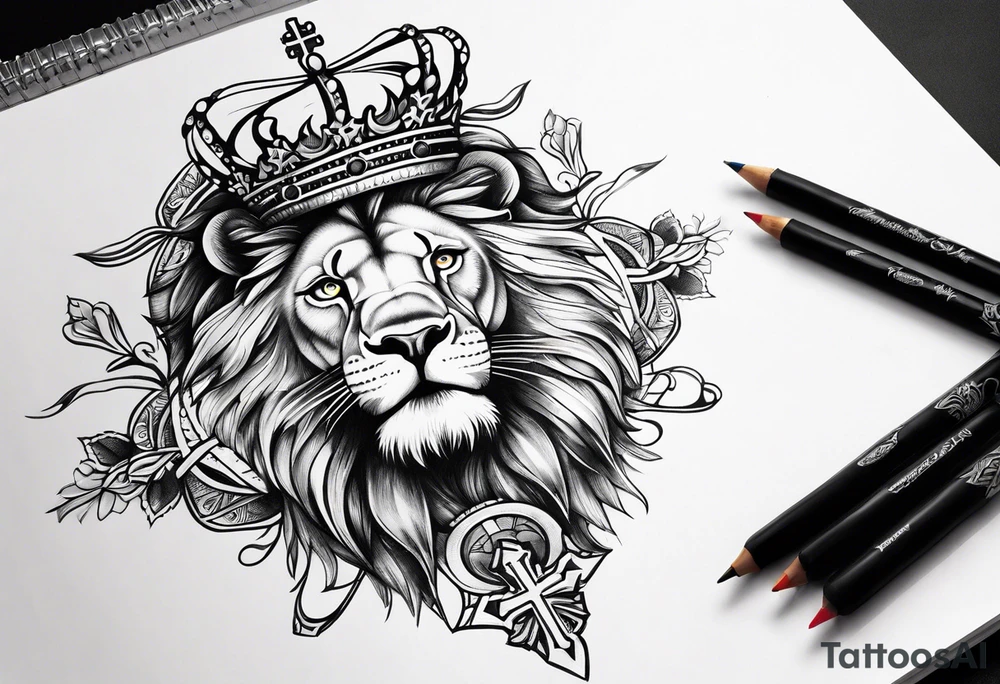 Long Lion crown cross tattoo idea