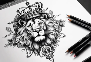 Long Lion crown cross tattoo idea
