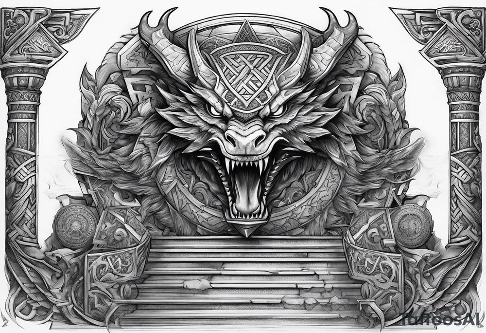 Valhalla sword shield dragon axe Valknut stairs tattoo idea