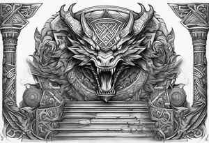 Valhalla sword shield dragon axe Valknut stairs tattoo idea