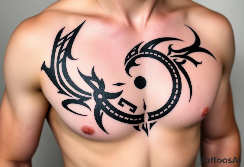 A tribal tattoo that tells a heros journey using circles that connect to the left arm tattoo idea