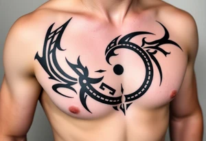 A tribal tattoo that tells a heros journey using circles that connect to the left arm tattoo idea