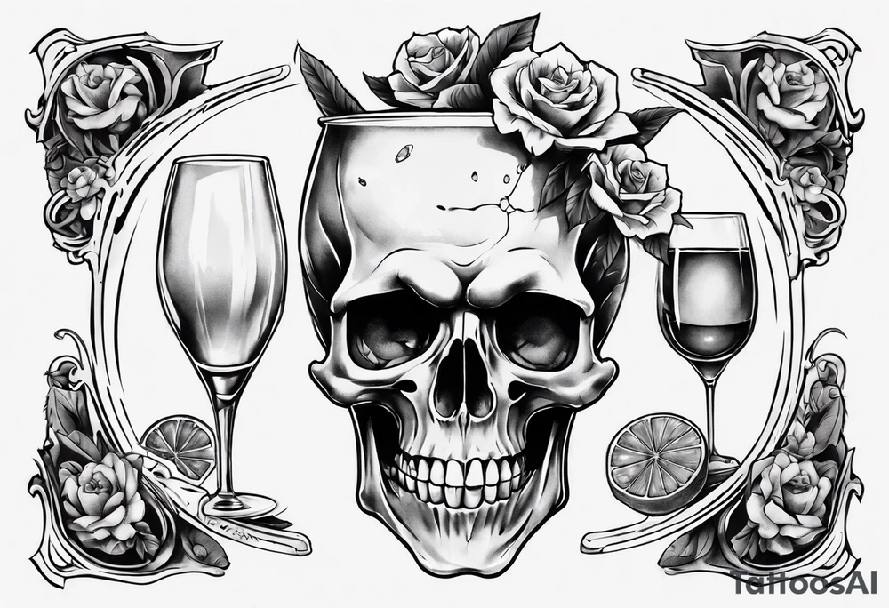 A happy, looking to the left scull inside the glass with alcohol and piece of lime tattoo idea