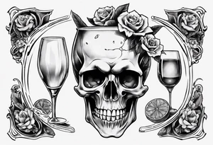 A happy, looking to the left scull inside the glass with alcohol and piece of lime tattoo idea