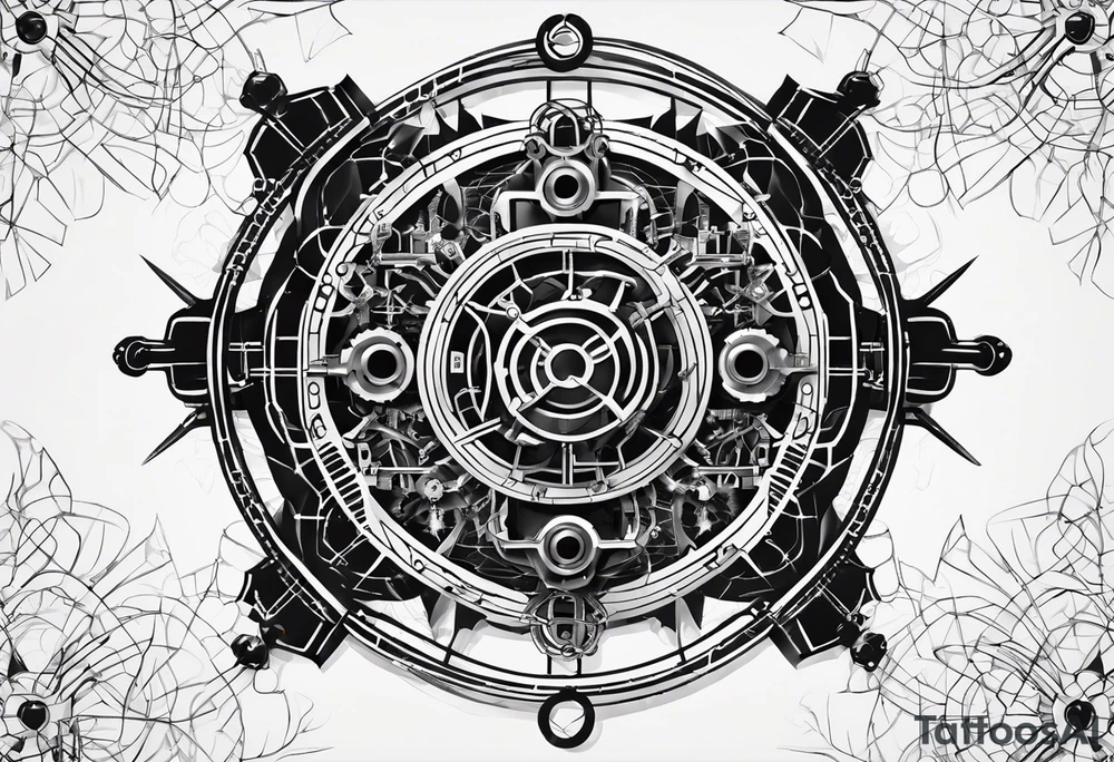 Design a tattoo that combines the elegant entanglement symbol from quantum mechanics with intricate robotic circuitry. The entanglement lines should intertwine seamlessly with the mechanical gears, symbolizing the fusion of cutting-edge technology and quantum physics tattoo idea