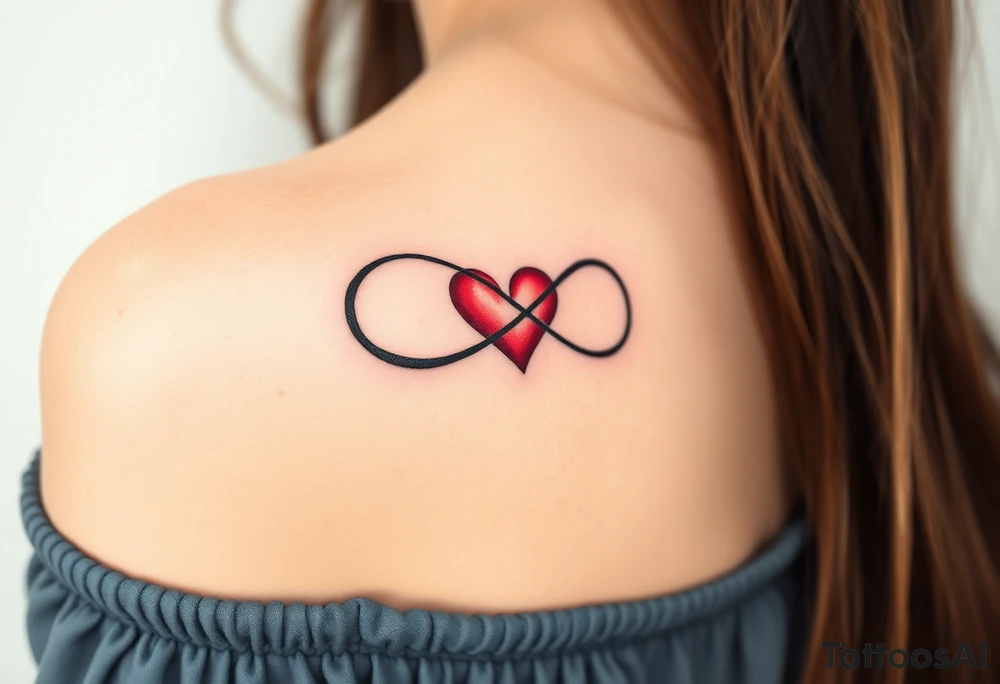 A sleek black infinity symbol intertwined with a delicate red heart, symbolizing everlasting love with a modern touch tattoo idea