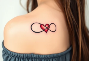 A sleek black infinity symbol intertwined with a delicate red heart, symbolizing everlasting love with a modern touch tattoo idea