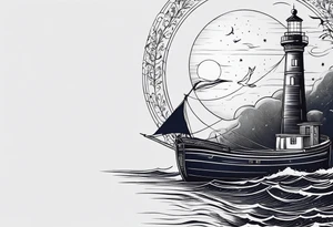 bateau, phare maritime et lune bleu.délicat,minimaliste.phoenix. tattoo idea