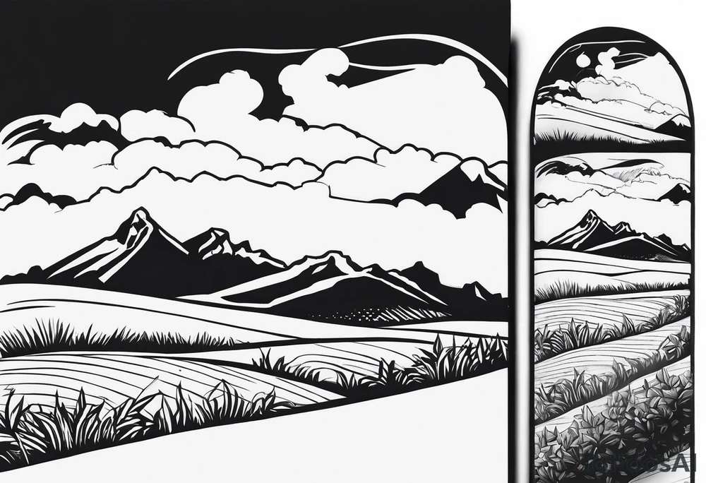 Men’s full arm sleeve. Rolling fields and the Tennessee mountains. With 4 Great Dane heads intertwined in the sleeve. tattoo idea