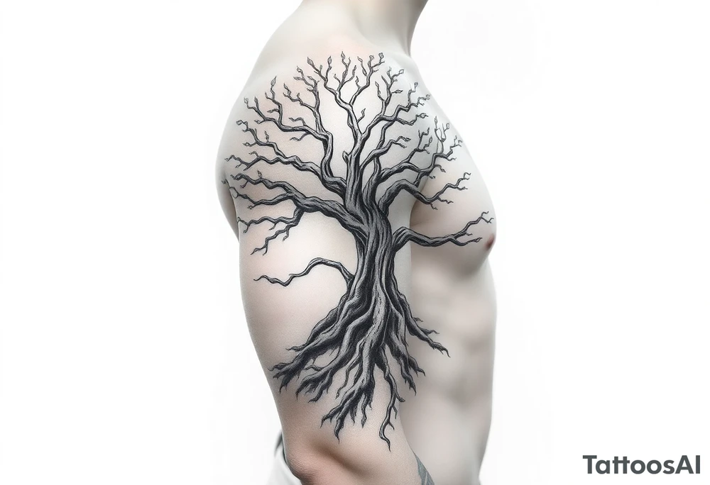 mystical tree of life with cosmic roots and celestial branches tattoo idea