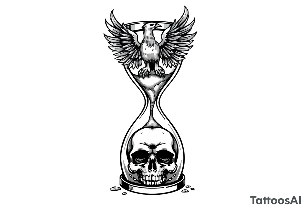A cracked hourglass with the sands forming a skull below and a phoenix rising from the top. tattoo idea