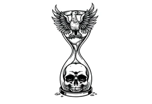 A cracked hourglass with the sands forming a skull below and a phoenix rising from the top. tattoo idea