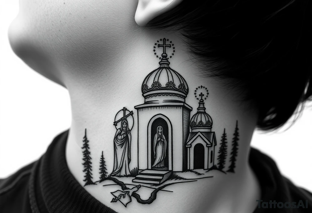 russian design traditional christian orthodox cross with a virgin mary stood beside the entrance of a russian orthodox dome church on the side of the neck in a wilderness setting with the design spread out the side of the neck tattoo idea