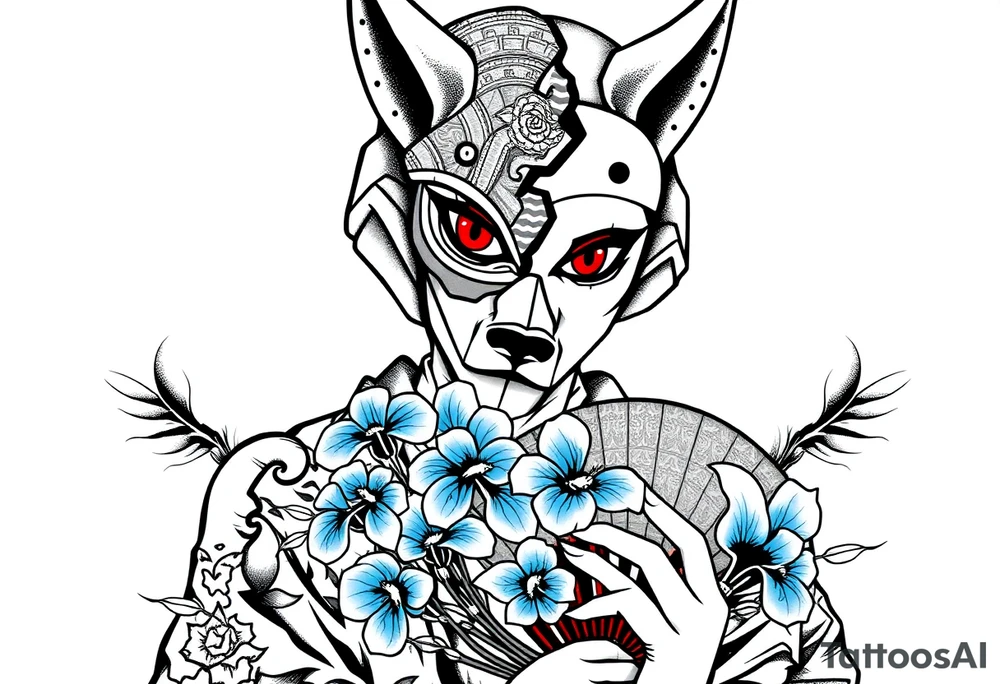 Woman samurai with red eyes wearing an half and broken kitsune mask, holding a japanese fan with blue Iris flowers tattoo idea