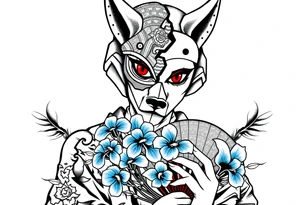 Woman samurai with red eyes wearing an half and broken kitsune mask, holding a japanese fan with blue Iris flowers tattoo idea