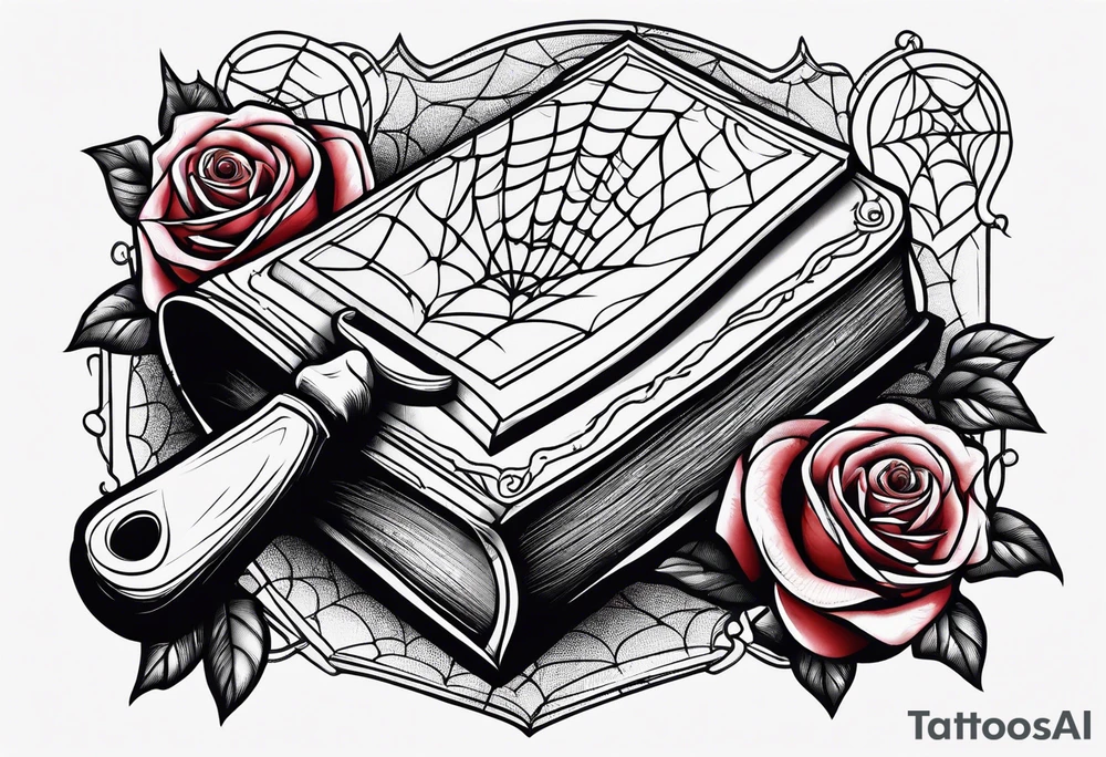 Book with meat cleaver, rose and spiderweb tattoo idea