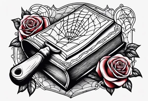 Book with meat cleaver, rose and spiderweb tattoo idea