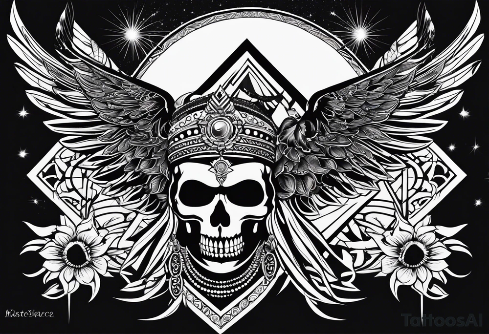 black kali, goddess pirate, alien, pachamama, valkrye, warrior, skull, lotus azul, wing, eagle, zenza resonance, stars, 5D tattoo idea