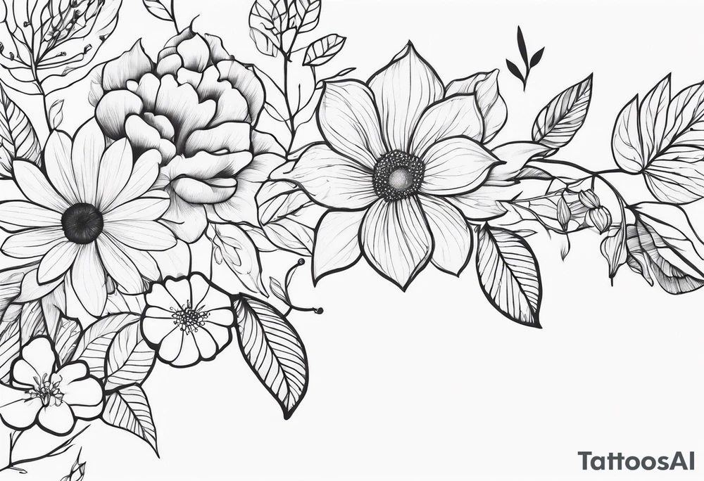 long line of flowers and leaves for around thigh tattoo idea