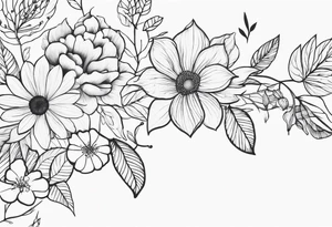 long line of flowers and leaves for around thigh tattoo idea