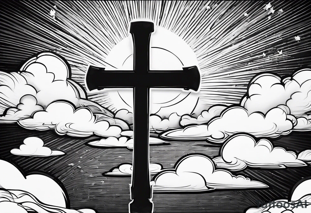 bible verse with a very simple cross in the background and realistic clouds shadowing the cross in the background tattoo idea