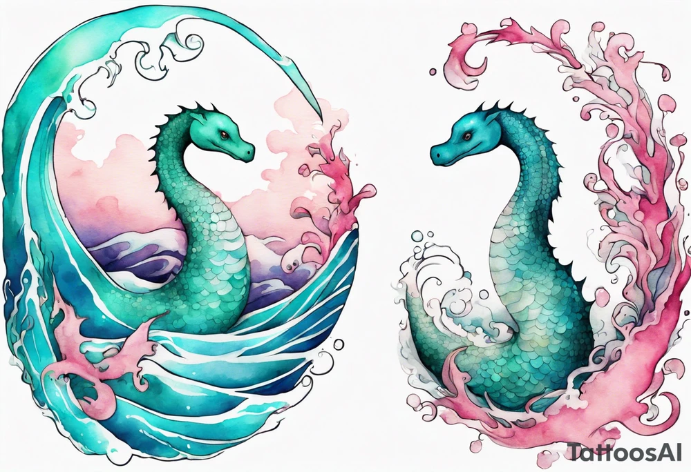 a beautiful Nessie with turquoise and pink scales emerging from the waves tattoo idea
