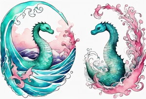 a beautiful Nessie with turquoise and pink scales emerging from the waves tattoo idea