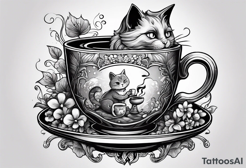 A mysterious cat taking a hot mushrooms cup of tea tattoo idea
