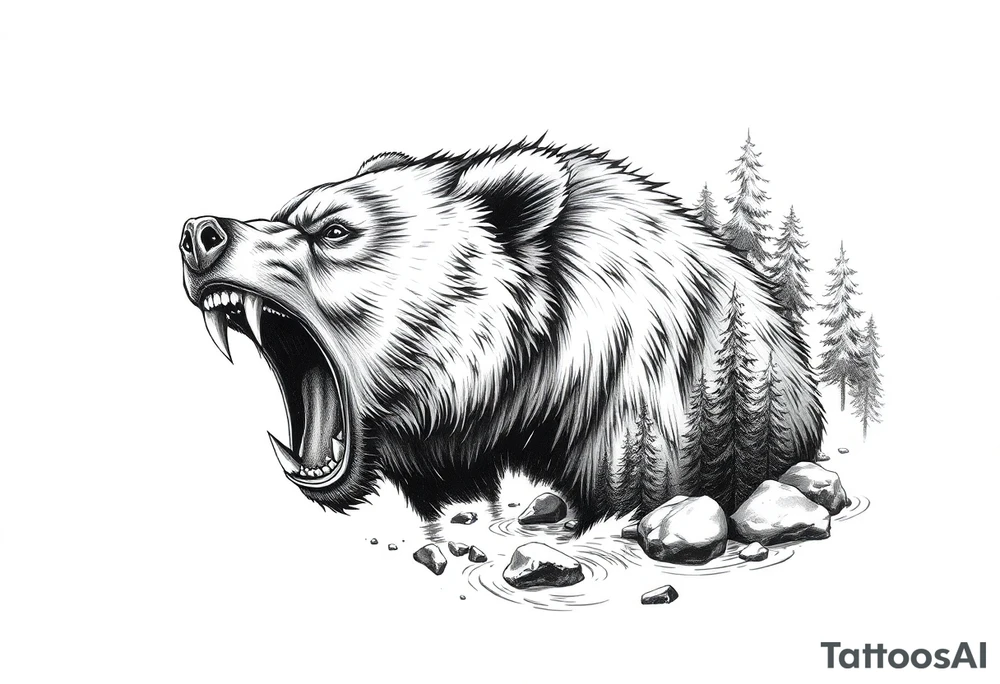roaring bear,forest,river. tattoo idea