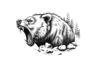 roaring bear,forest,river. tattoo idea