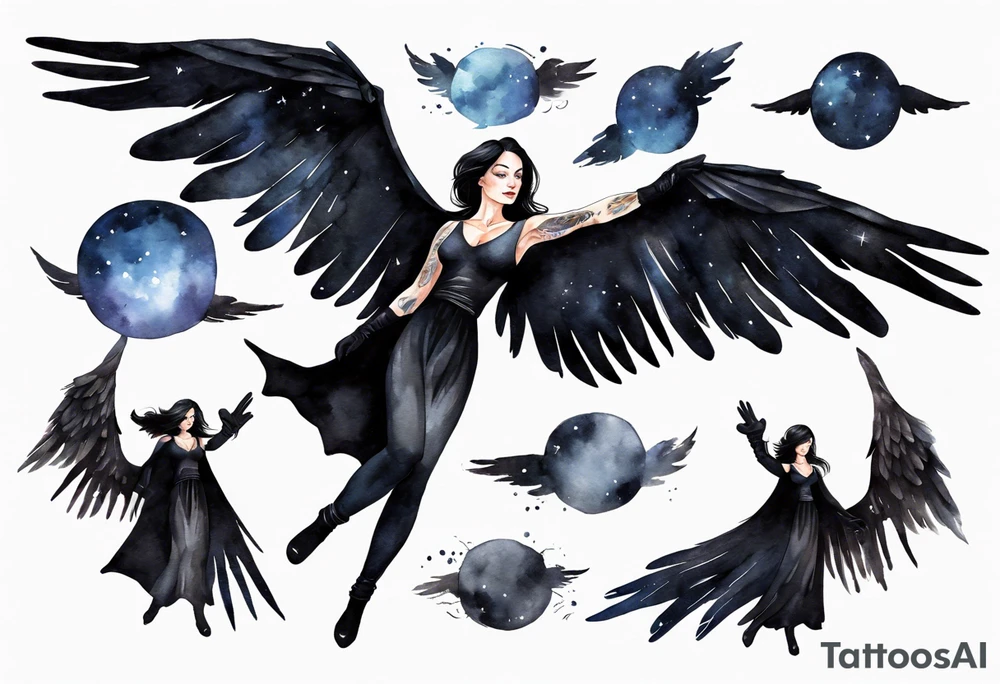 a beautiful 45 year old woman flying in the night sky with black wings, wearing a black cloak and black gloves, bare feet tattoo idea