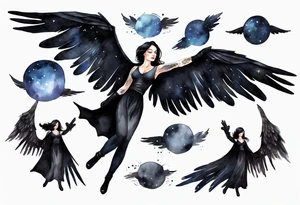 a beautiful 45 year old woman flying in the night sky with black wings, wearing a black cloak and black gloves, bare feet tattoo idea
