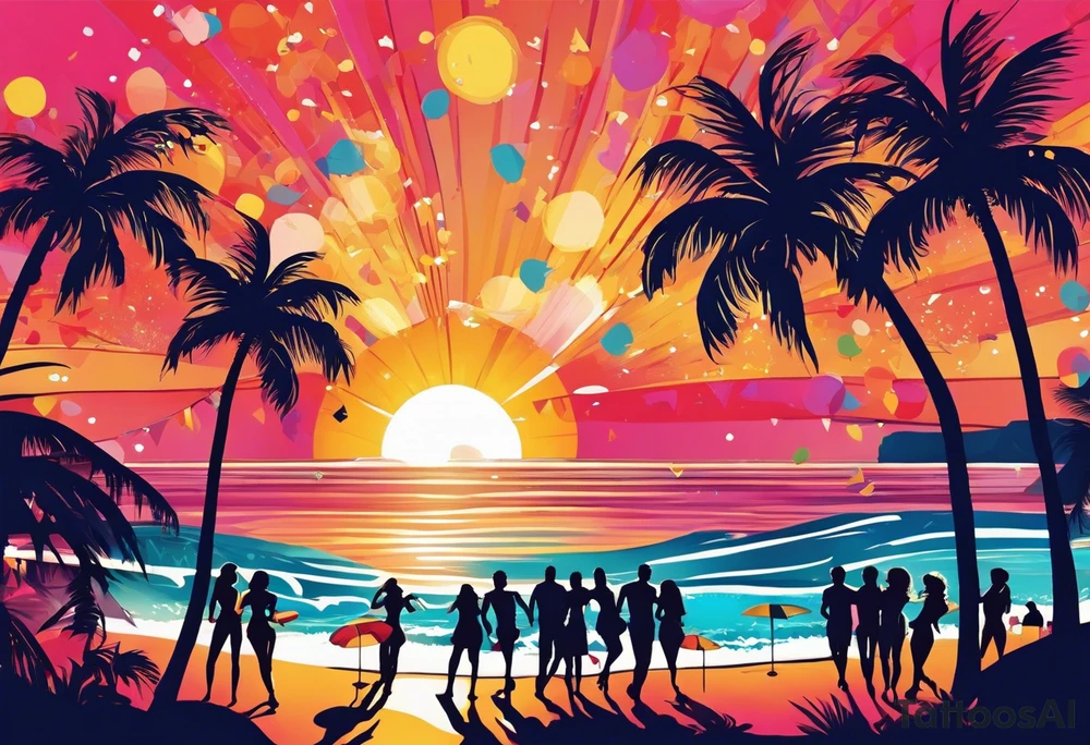 1960'S BEACH DANCE PARTY 
party, include confetti, music notes, 
, bikinis sunset in the center tattoo idea