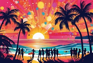 1960'S BEACH DANCE PARTY 
party, include confetti, music notes, 
, bikinis sunset in the center tattoo idea
