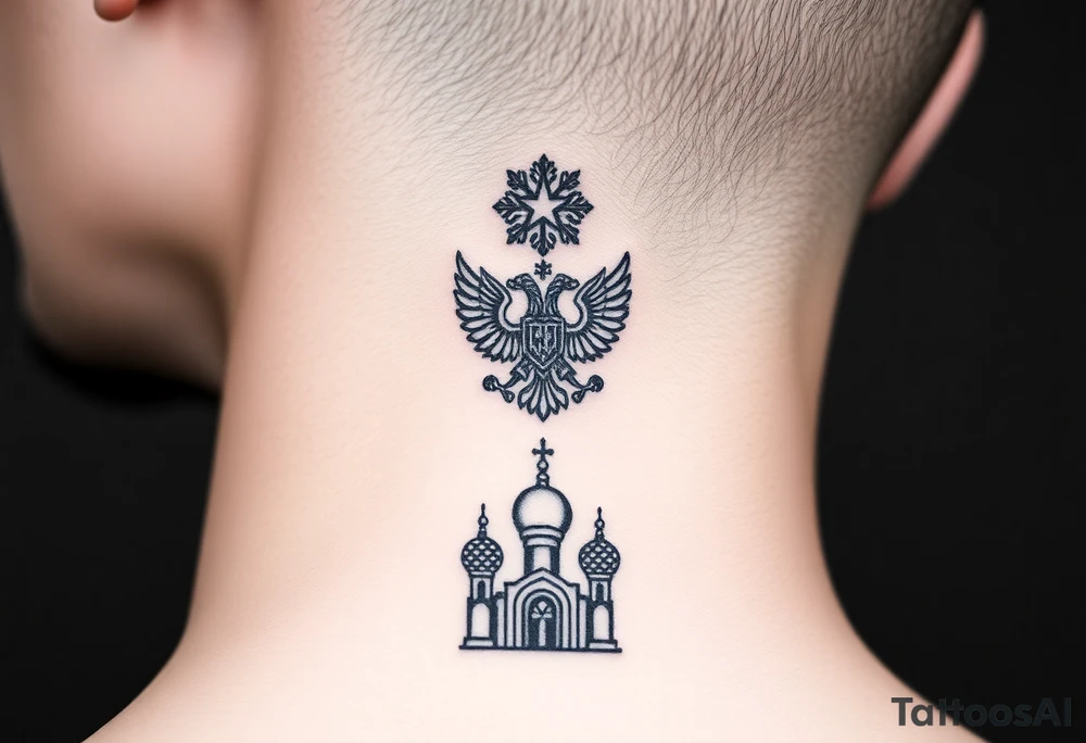 Stacked Vertical Column 

Russian star — small, bold
Middle: Miniature double-headed eagle — simplified, cleaner lines to suit the smaller space
Bottom: Orthodox church dome(s) with a small Virgin Mary silhouette beneath tattoo idea