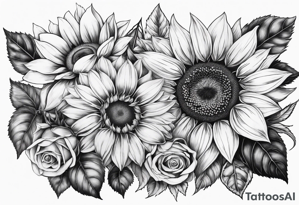 Sunflower and rose flower tattoo idea