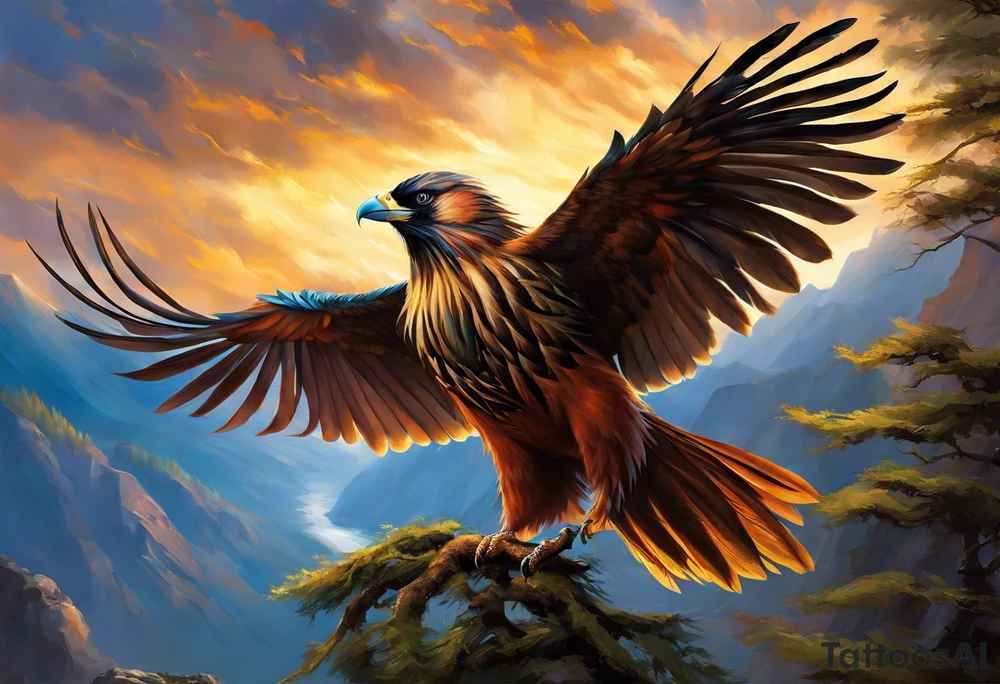 The tatto starts up in the left arm, at elbow height, where there are feathers moving under the action of the wind. The feathers interact with tree branches that advance towards the left hand. A little higher, close to the shoulder, lightning and thunder begin to appear, interacting with the feathers and branches. The feathers converge into a vortex of energy from which an owl's head is revealed, which is on the left chest. The branches go to the back, where they converge into a solid and psychedelic element that brings together different elements related to the energy of the creation of life: womb, rebirth, spirals, torus, sun and representations of the earth, including a house that can be clearly seen being built of earth. tattoo idea