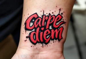 Graffiti-inspired bold red and black lettering "carpe diem", giving the tattoo an urban, rebellious edge. tattoo idea