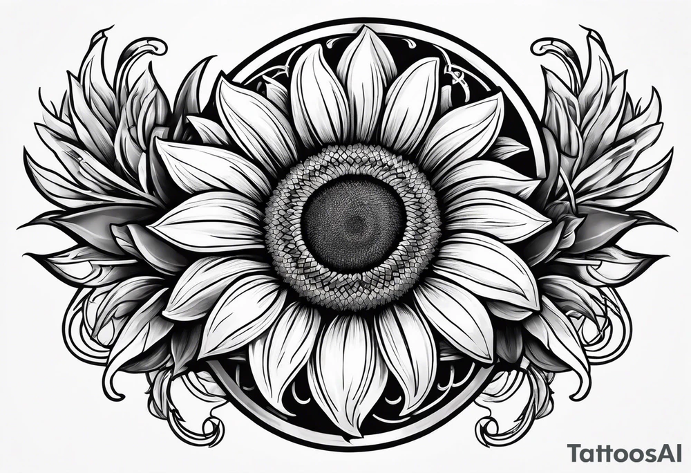 A steel horseshoe with a sunflower in the center tattoo idea