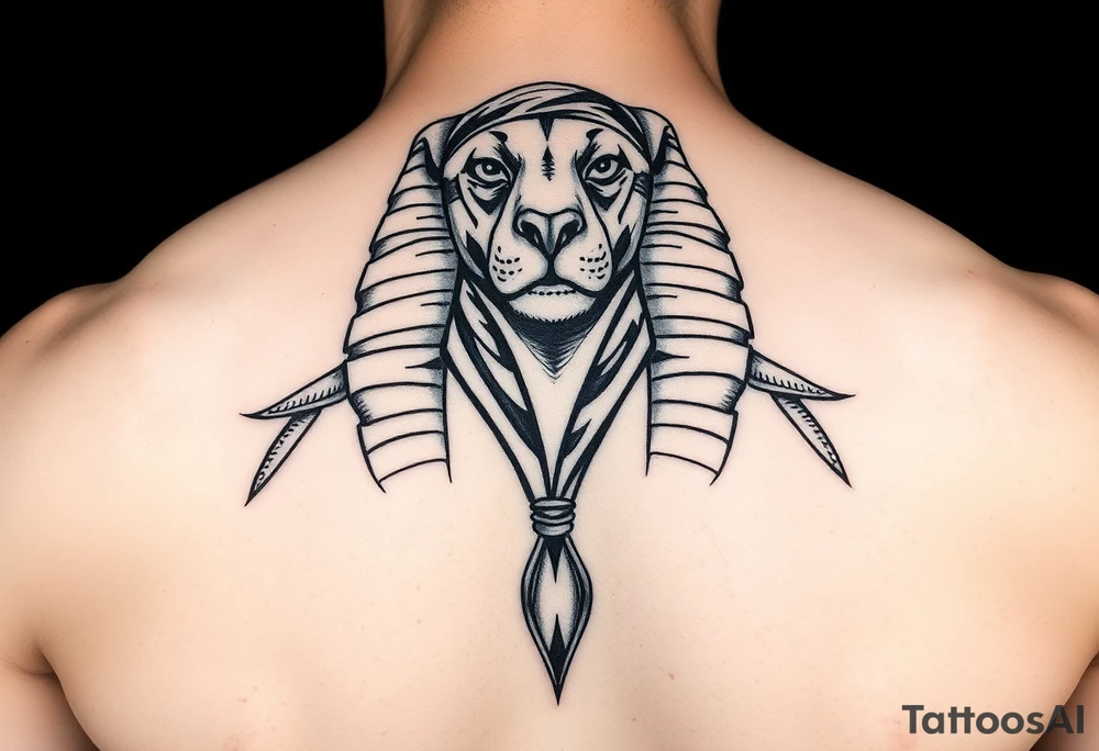 "Sphinx wearing a bandana, teardrop tattoo under 3 eye. 

Style: Prison tattoo meets hieroglyph carving. Black ink, chest piece." tattoo idea