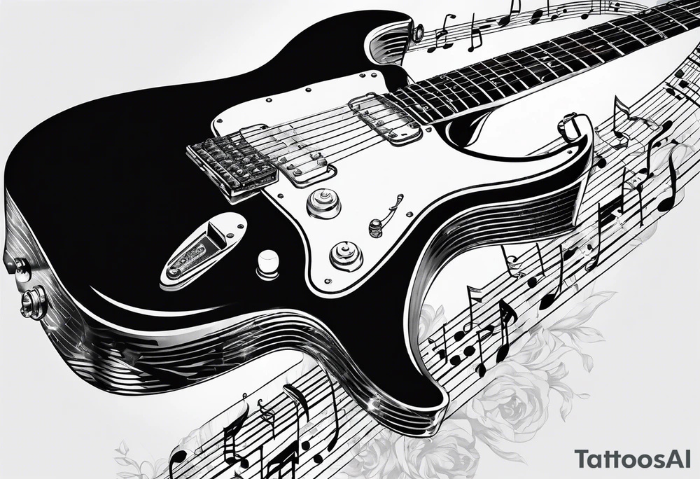 Electric guitar fading into sheet music tattoo idea