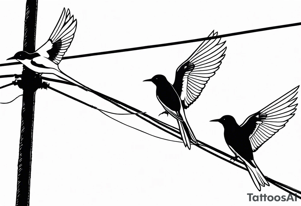 Three Arctic tern Silhouettes on a single power Line. Two are sittintg, one is about to fly tattoo idea