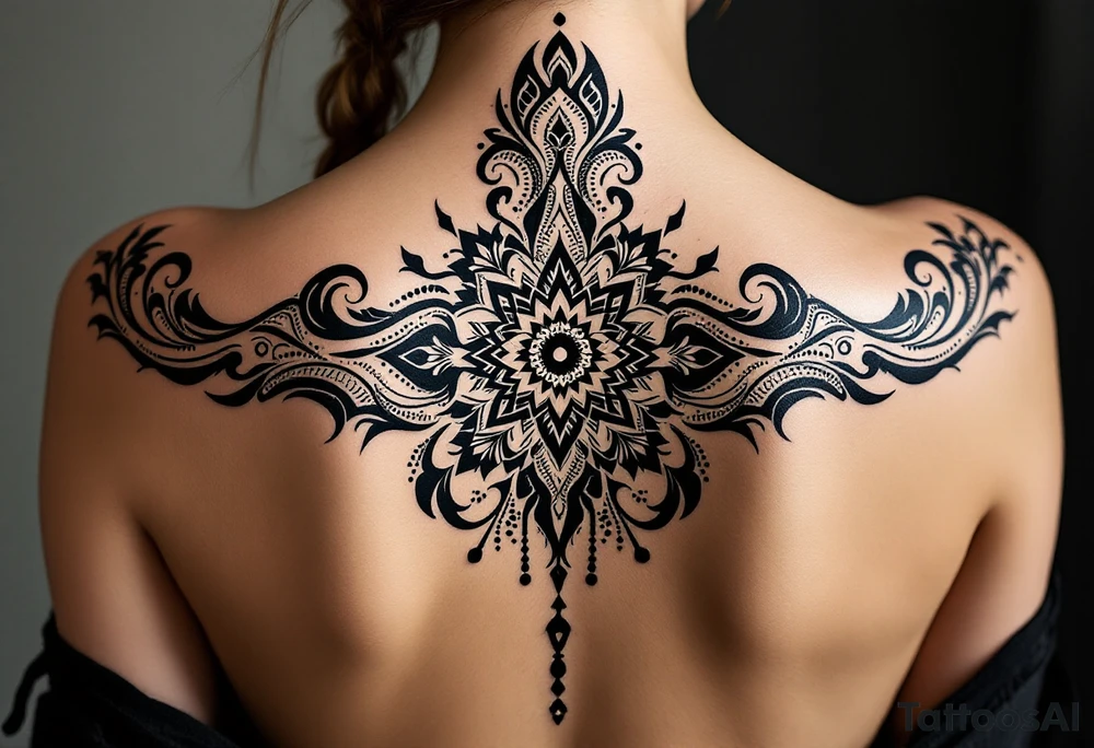 spine tattoo design with symmetrical ornamental patterns, combining dotwork, mandala elements, and flowing lines that follow the natural curves of the body. The design is intricate and balanced.” tattoo idea