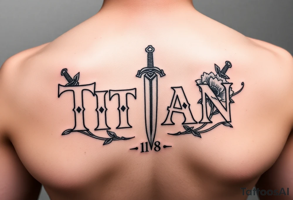 Name ‘Titan’ with birthday, Greek mythology inspired font with mini swords the T in Titan is a sword with Japanese inspired flowers tattoo idea