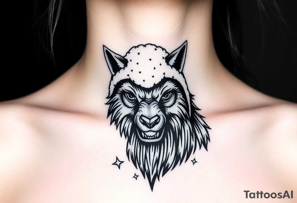 Big bad wolf nursery rhyme wearing a sheep costume with sheep head hood to kill and eat the three little pigs and little red riding hood tattoo idea
