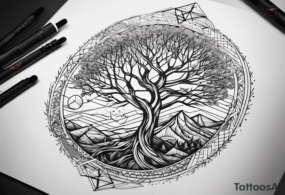 tattoo fine line, contendo árvore da vida, símbolos geométricos, textos em latim sobre força e coragem, DNA,  no ante braço masculino tattoo idea